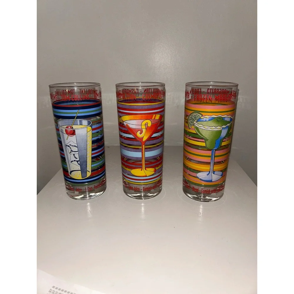 Vtg Cocktail Recipe Highball Glasses Set of 3 Margarita Cosmopolitan Tom Collins - Picture 2 of 3